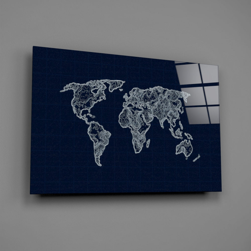 Indigo topographic map glass wall art over walnut conference desk in boardroom