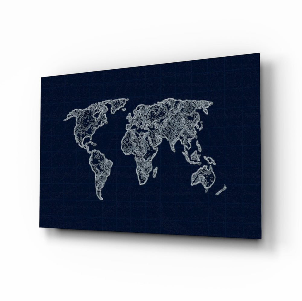 World map blueprint cinematic glass wall art above leather sofa in study