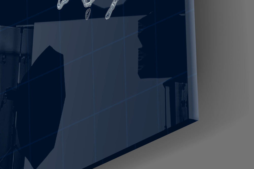 Cartographic blueprint cinematic glass wall art in tech-firm office