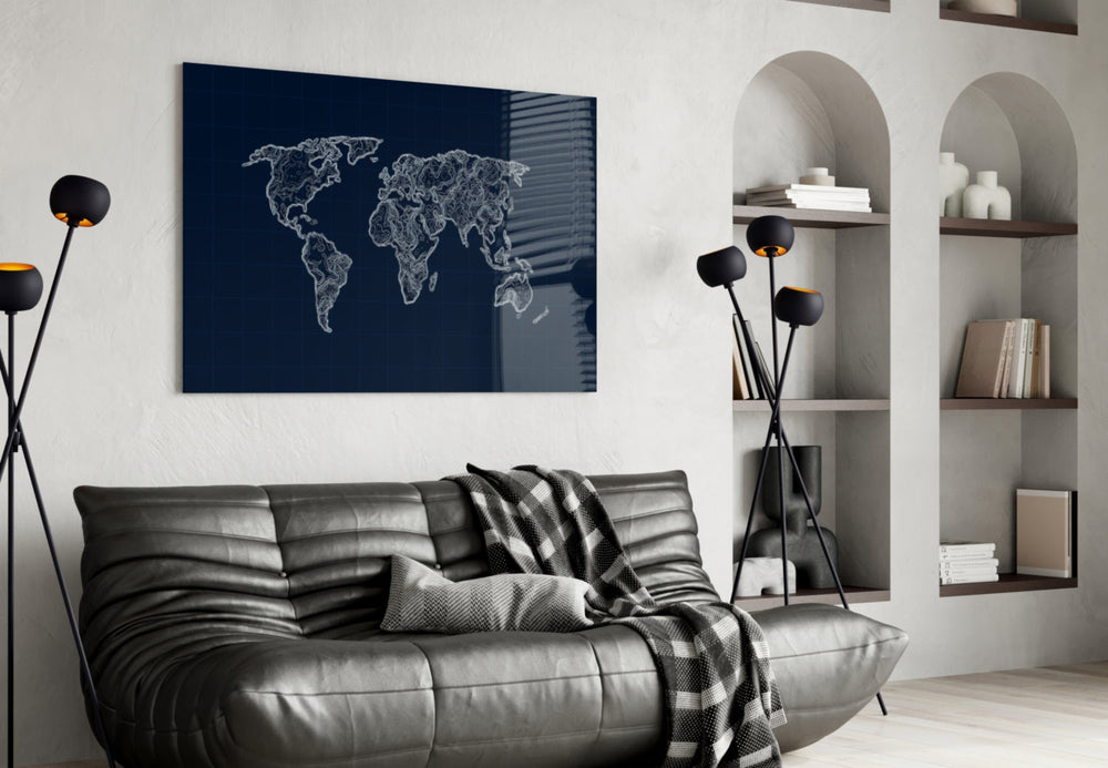 Silver-line world map glass wall art in maritime hallway