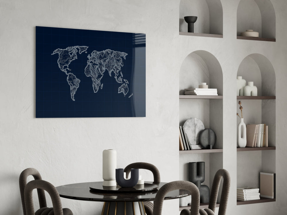 Mercator topographic glass wall art in study-themed library