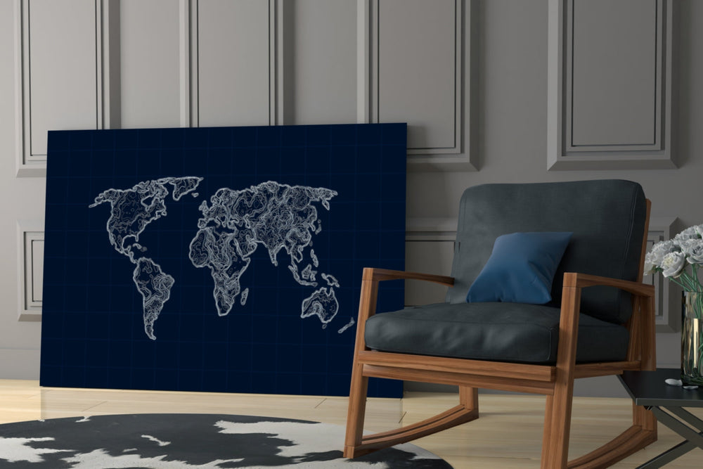 Blueprint world map cinematic glass wall art over modern dining sideboard