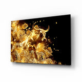 Golden Bitcoin bull cinematic glass wall art above leather sofa in trader's study