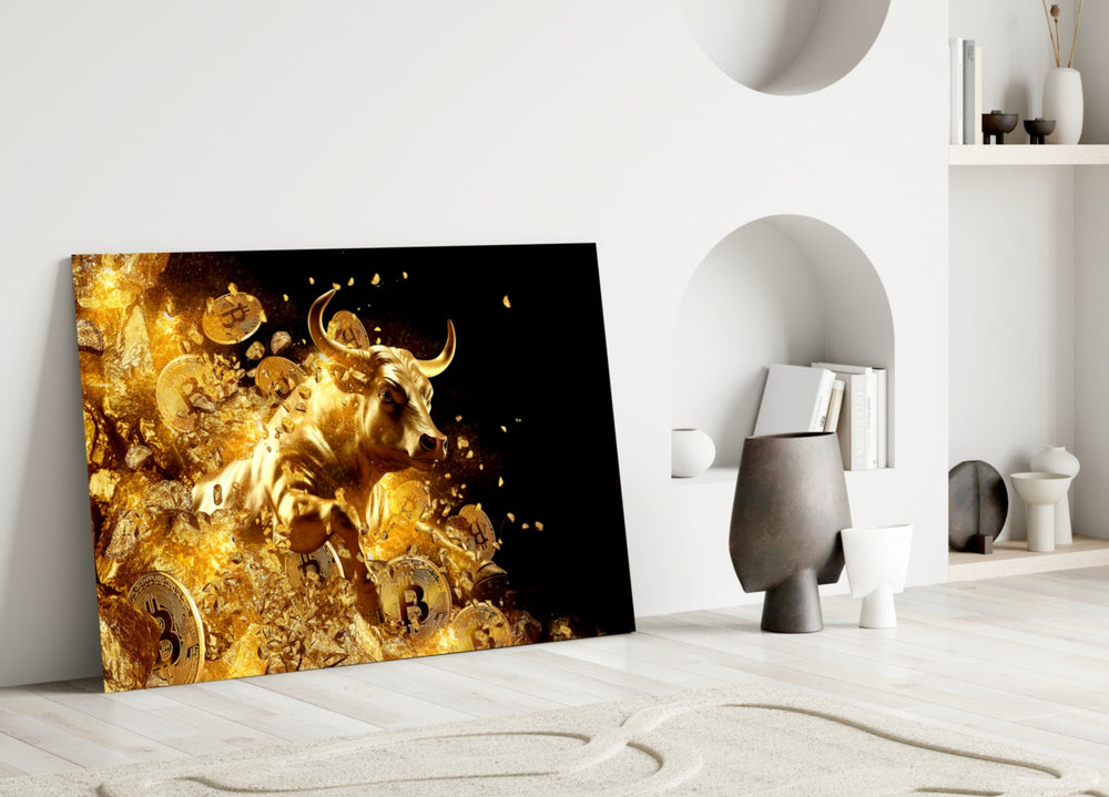 Cryptocurrency-poster cinematic glass wall art over master-bedroom headboard