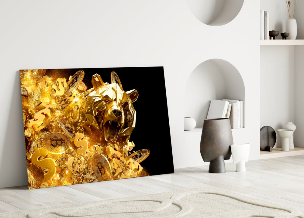 Cryptocurrency-poster cinematic glass wall art over master-bedroom headboard
