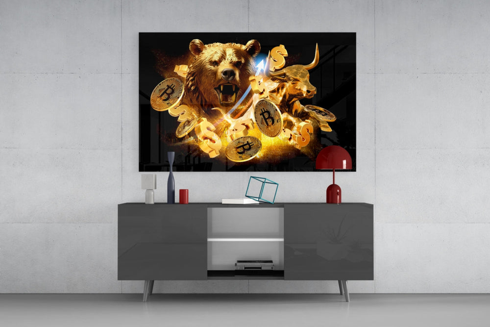 Crypto-trader bull-bear cinematic glass wall art in modern home office