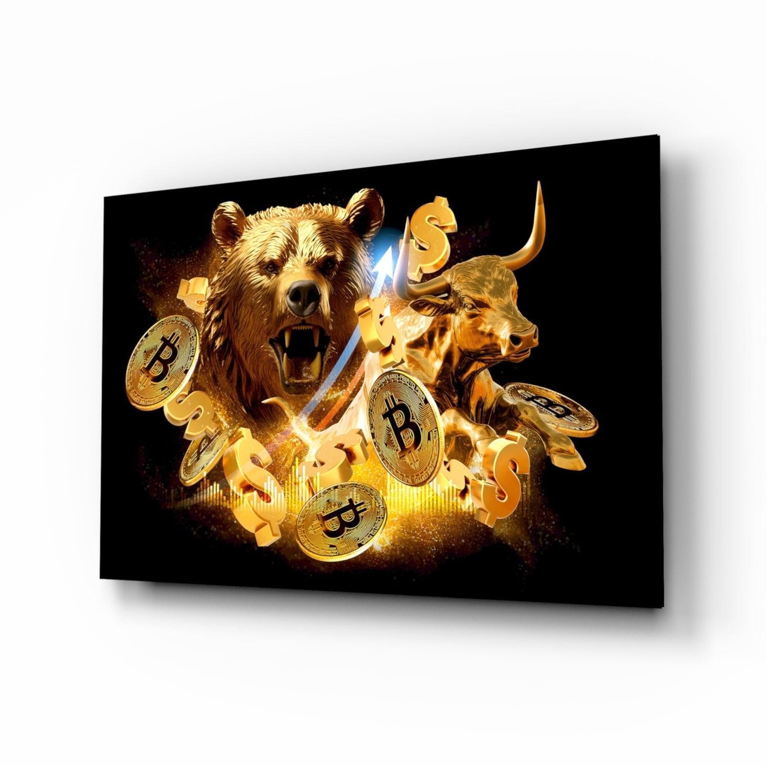 Bitcoin bull and bear gold cinematic glass wall art above leather sofa in trader's study