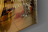 Silver-and-gold Bitcoin coin cinematic glass wall art in man-cave bar