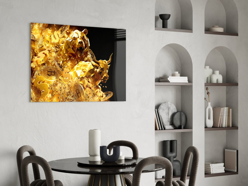 Gold-shrapnel market poster glass wall art in study-themed library