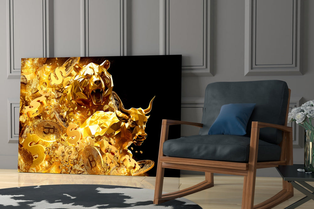 Bitcoin bull-and-bear cinematic glass wall art over modern bar cabinet