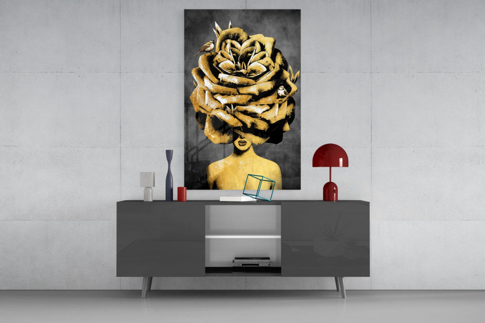 Couture muse cinematic glass wall art in fashion-house dressing room