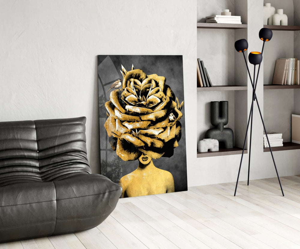 Gold-leaf surreal muse glass wall art in luxury powder-room