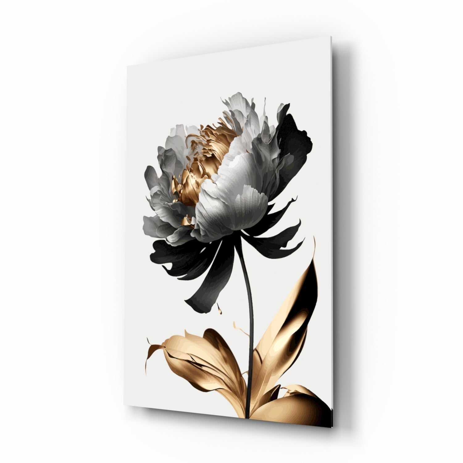 Black gold peony botanical cinematic glass wall art in glamorous bedroom