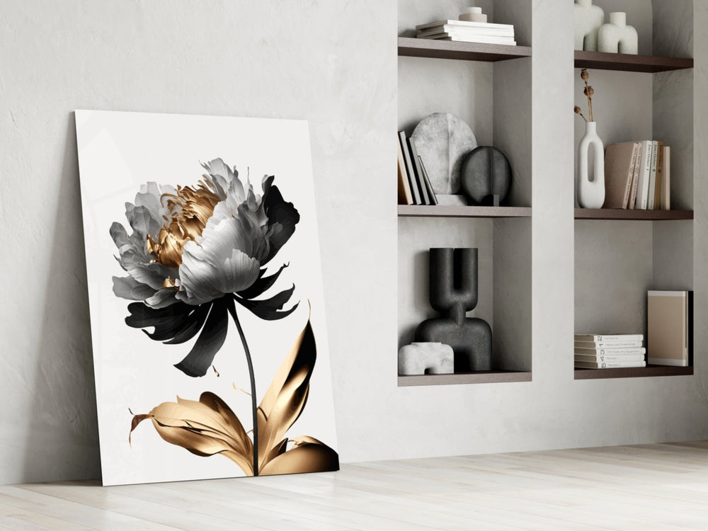Painterly peony vertical cinematic glass wall art in heritage stairwell