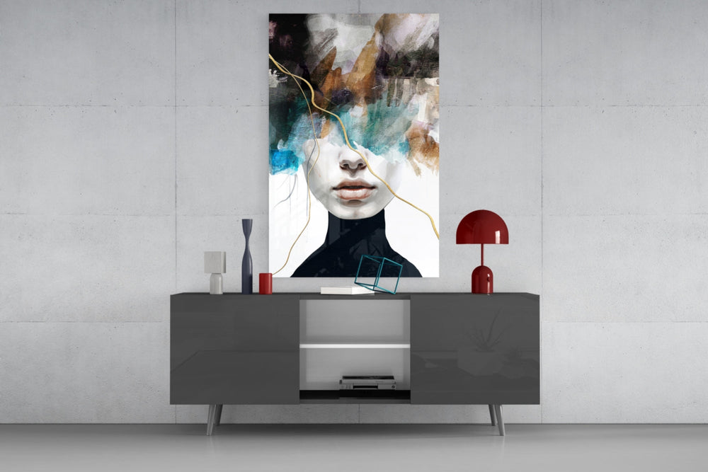 Teal-and-gold woman cinematic glass wall art in fashion-house dressing room