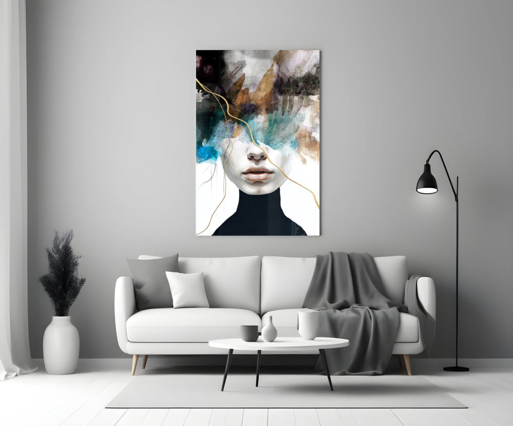 Couture brushstroke portrait cinematic glass wall art beside master-bedroom dressing table