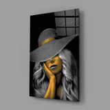 Editorial sun-hat muse glass wall art in fashion-atelier entry