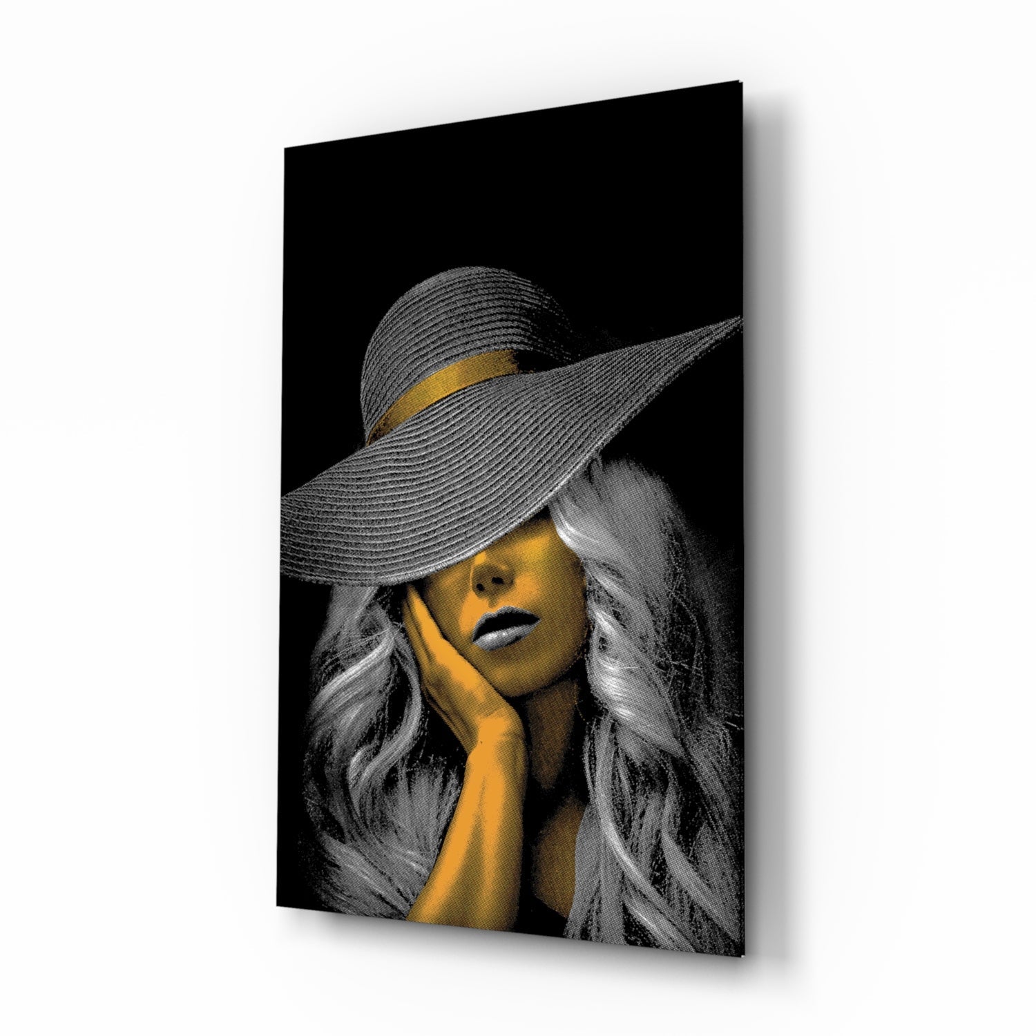 Sun hat selective-gold portrait cinematic glass wall art in glamorous bedroom