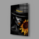 Editorial sunflower-muse glass wall art in fashion-atelier entry