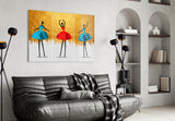 Cobalt-and-scarlet ballerinas cinematic glass wall art in boutique-hotel lobby