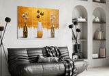 Painterly gold-vase still-life glass wall art in designer entryway