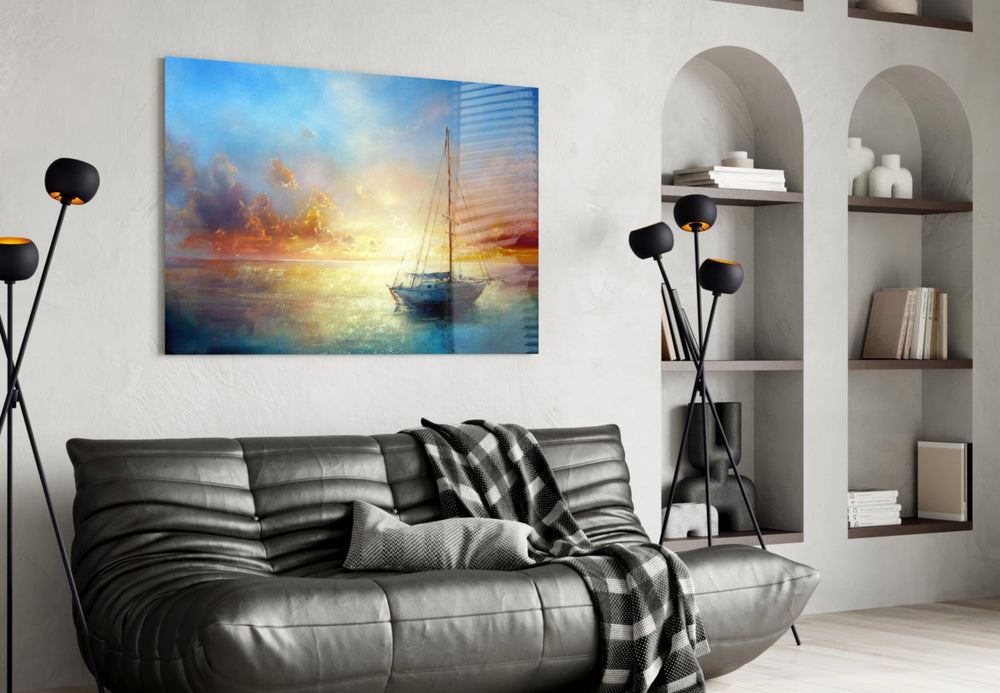Painterly sea-and-sail cinematic glass wall art in hospitality lounge