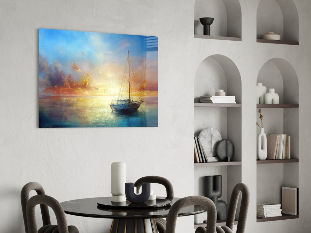 Sunset oil painting cinematic glass wall art in heritage hallway