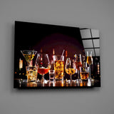 Whiskey-and-cocktail bar still-life glass wall art in man-cave lounge