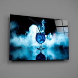 Dry-ice mystic cocktail glass wall art in man-cave lounge