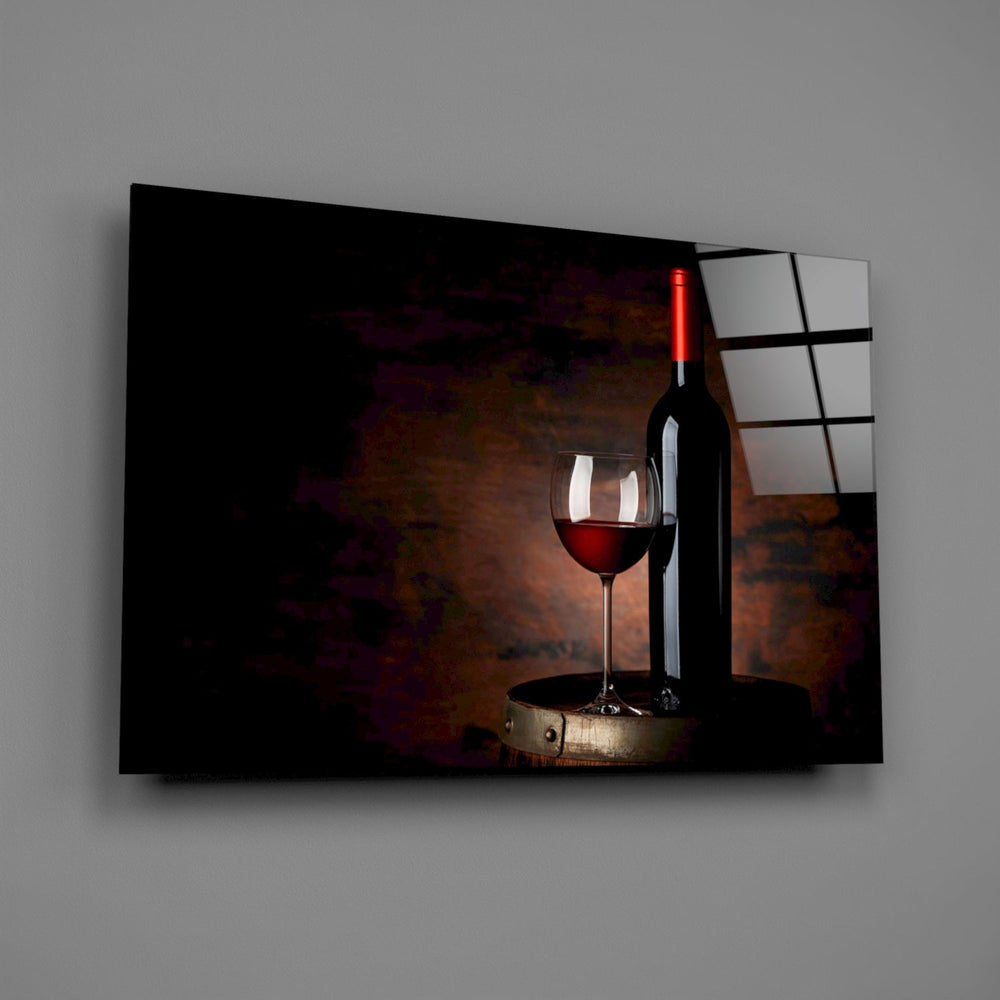 Bordeaux bottle cellar glass wall art over walnut sideboard in wine cellar