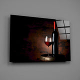 Bordeaux bottle cellar glass wall art over walnut sideboard in wine cellar