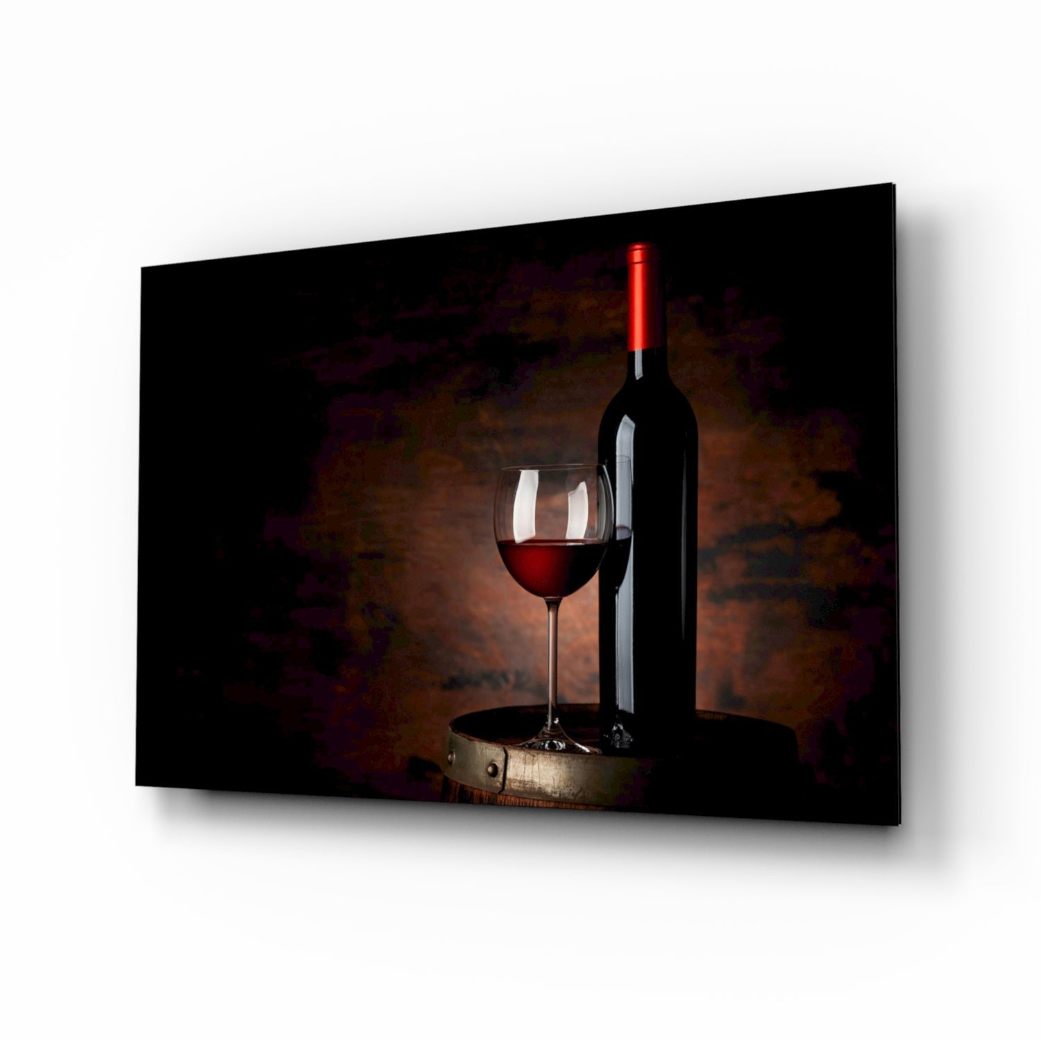 Red wine still-life cinematic glass wall art above tasting-room counter