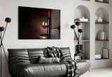Barrel-and-bottle cinematic glass wall art in designer kitchen