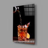 Whiskey blood-orange pour glass wall art in man-cave lounge