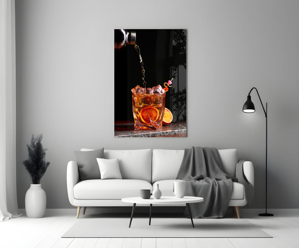 Amber whiskey splash cinematic glass wall art over walnut bar cabinet