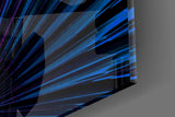 Scarlet-magenta-cobalt foliage cinematic glass wall art in dramatic dining room
