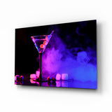 Neon glowing martini cinematic glass wall art above black bar back-counter