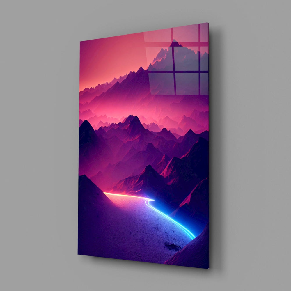 Synthwave landscape vertical glass wall art over modern gamer setup