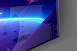 Magenta-indigo mountain cinematic glass wall art in tasteful boys' bedroom