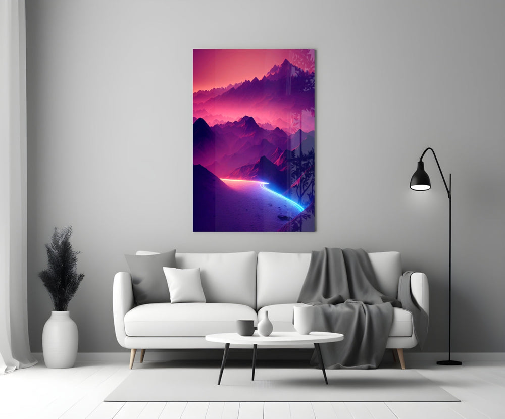 Synthwave horizon cinematic glass wall art over master-bedroom headboard