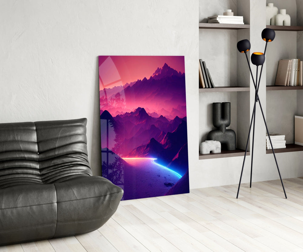 Arcade-poster mountain glass wall art in study-themed library