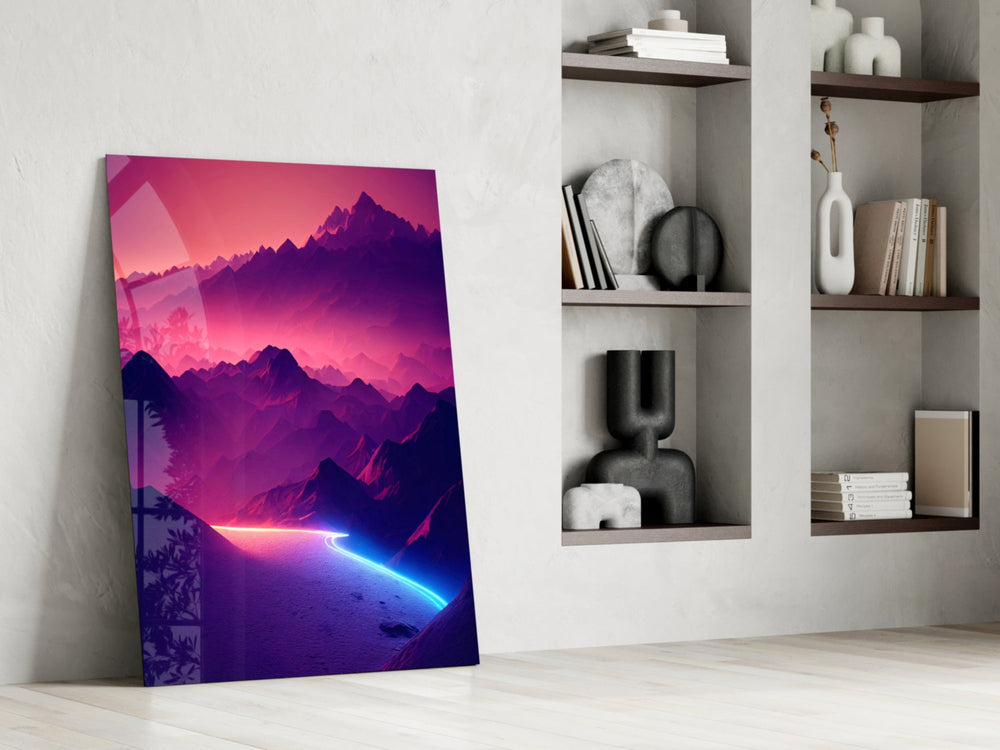 Magenta sunset peaks cinematic glass wall art beside modern bar console