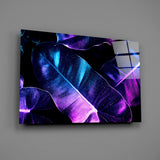 Synthwave tropical foliage glass wall art over modern living-room sofa