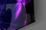 Cobalt-and-magenta jungle cinematic glass wall art in dramatic dining room