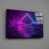 Synthwave sci-fi triangle glass wall art over modern gamer setup