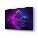 Neon triangle mountain synthwave cinematic glass wall art above black media console