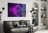 Sci-fi neon-triangle cinematic glass wall art in designer-luxury entryway