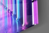 Magenta-cyan corridor cinematic glass wall art in club-style home bar