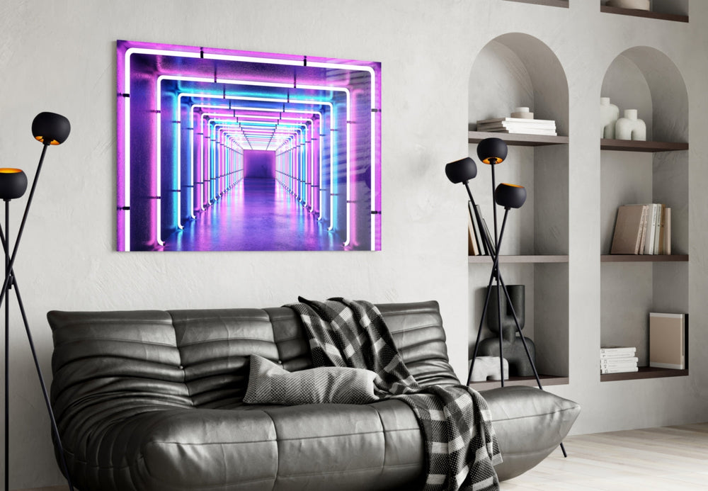 Synthwave perspective tunnel cinematic glass wall art in designer lounge
