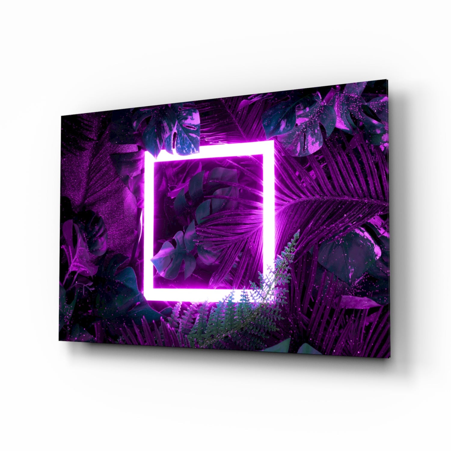 Neon jungle square cinematic glass wall art above black media console